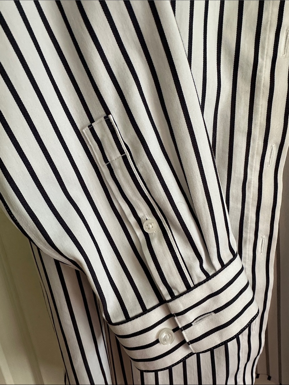 Chico's White Button-Up Tunic with Navy Pinstripes - Picture 2 of 6